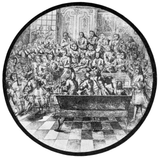 HANDEL DIRECTING AN ORATORIO.

Handel is seen (on the left) seated at a cembalo with two keyboards in
the midst of his musicians. At his right hand he has the &ldquo;concertino&rdquo;
group (consisting of the &rsquo;cellist, two violinists and two flautists). On
his near left (quite close to the cembalo) are the vocal soloists. The
rest of the instrumentalists are out of his sight.