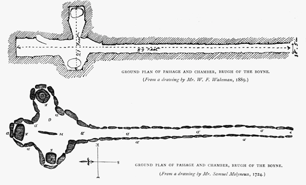 GROUND PLAN OF PASSAGE AND CHAMBER, BRUGH OF THE BOYNE.
(From a drawing by Mr. W. F. Wakeman, 1889.)
GROUND PLAN OF PASSAGE AND CHAMBER, BRUGH OF THE BOYNE.
(From a drawing by Mr. Samuel Molyneux, 1724.)
