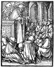 FIG. 52.&mdash;The Preacher. From Holbein’s “Images de la
Mort.” Lyons, 1547.