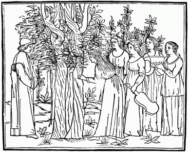 FIG. 28.&mdash;Poliphilo and the Nymphs. From the
“Hypnerotomachia Poliphili.” Venice, 1499.