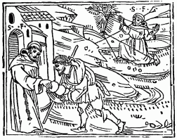 FIG. 36.&mdash;St. Francis and the Beggar. From the “Catalogus
Sanctorum.” Venice, 1506.