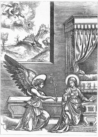 FIG. 58.&mdash;The Annunciation. From a print by Francesco da
Nanto.