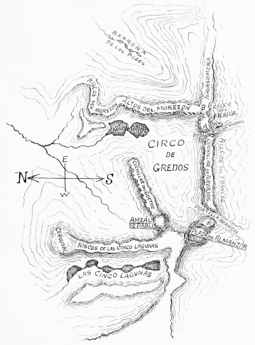 SKETCH-MAP OF THE NUCLÉO CENTRAL OF GRÉDOS

(A. Alto del Casquerázo.

B. Riscos del Fraile, with the Hermanitos in front.)