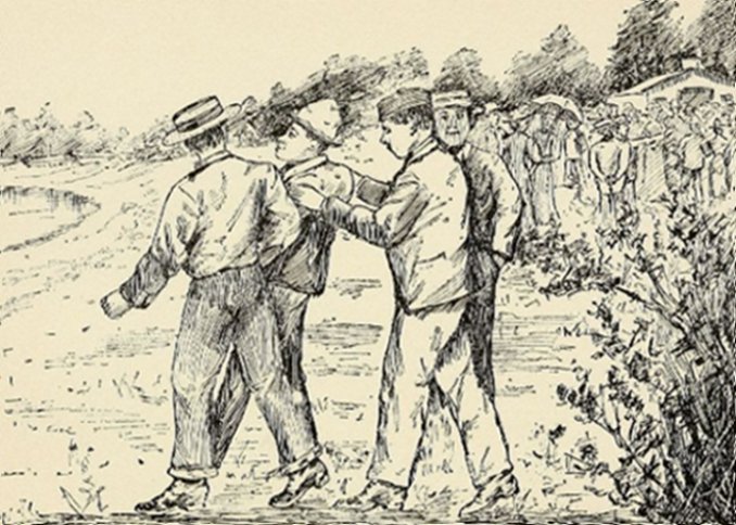 "We're goin' down for a swim," Bill Dean said, as he
linked his arm in the hunchback's.&mdash;Page 210.