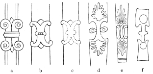 Fig. 81.&mdash;Spiral Ornaments upon Chairs.

a. From an Assyrian Relief. b. From the Vicinity of Miletos. c.
From Xanthos. d, e, f. From Paintings upon Greek Vases.