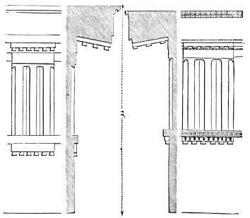 Fig. 155.&mdash;Entablatures of the Older and Present
Parthenon.