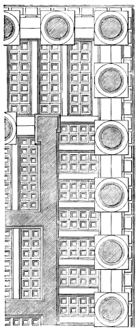 Fig. 141.&mdash;Coffered Pteroma Ceiling of the Southern
Temple upon the Eastern Plateau of Selinous. Restoration.