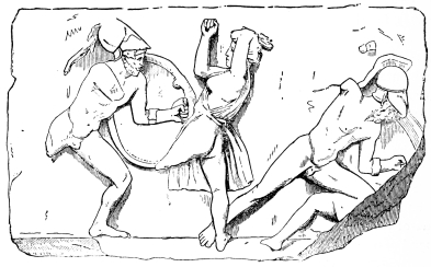 Fig. 225.&mdash;Fragment of the Frieze from the Mausoleum of
Halicarnassos.
