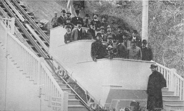 Hon. R. T. Lincoln, Marshall Field, and Other
Distinguished Visitors in White Chariot of Great Cable Incline, Mount
Lowe.