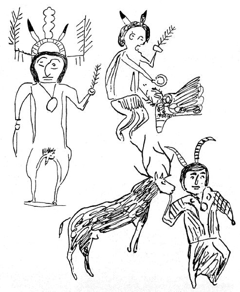 Fig. 442.&mdash;Apache kan or gods. (Drawn by Apache.)