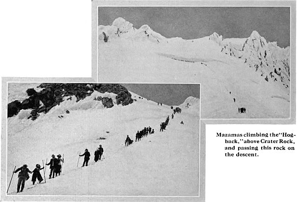 Mazamas climbing the "Hog-back,"
above Crater Rock,
and passing this rock on
the descent.