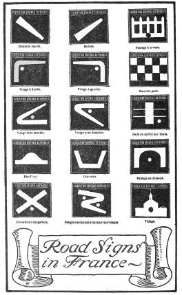 Descente rapide. Montée. Passage à niveau.
Virage à droite. Virage à gauche. Mauvais pavé.
Virage avec montée. Virage avec descente. Rails en saillie sur route.
Dos d’âne. Caniveau. Passage en dessous.
Croisement dangereux. Descente sinueuse avec mauvais virages. Village.
Road Signs
in France