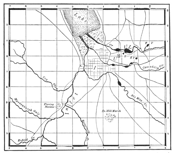Fig. 123. Simple map showing the position of Cornell University, the city of
Ithaca, Cayuga Lake, and the roads and streams and ponds near the University.
From W. R. Dudley's map in "The Cayuga Flora." Scale, 1 centimeter to the
kilometer.