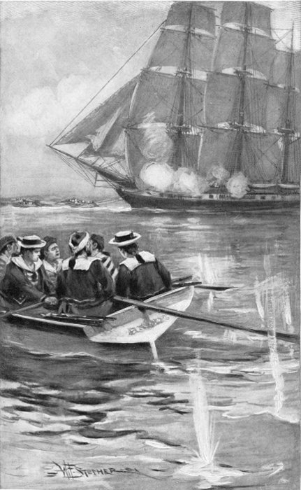 SOON WE WERE OUT OF REACH OF THE GRAPE, AND THEN WE RAN
ACROSS THE SHIP'S BOW