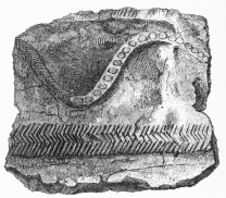 No. 72. Fragment of a large Urn of Terra-cotta with
Assyrian (?) Decorations, from the Lowest Stratum (14 M.).