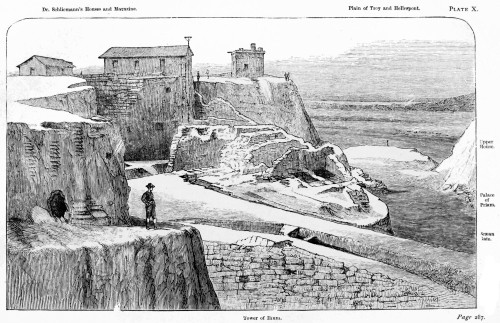 Dr. Schliemann’s Houses and Magazine.

Plain of Troy and Hellespont.

Tower of Ilium.

Page 287.

THE TOWER OF ILIUM, SCÆAN GATE, AND PALACE OF PRIAM.

Looking North along the cutting through the whole Hill.
