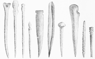 Nos. 92-101. Ivory Pins, Needles, &c., from the Lowest
Stratum (11-15 M.).
