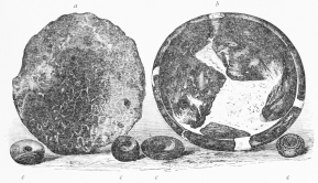 No. 108. a, Hand Millstone of Lava (15 M.). b,
Brilliant black Dish with side Rings for hanging it up (14 M.).
c,c,c,c, Small decorated Rings of Terra-cotta (10-14 M.).