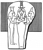 Ramses III as Osiris&mdash;between the goddesses Nephthys and
Isis....

Relief on the cover of the sarcophagus (at Cambridge). After Sharpe.

Inscription (round the edges of cover), as far as decipherable.

“Osiris, King of Upper and Lower Egypt, lord of the two countries
... son of the Sun, beloved of the gods, lord of diadems, Rameses,
prince of Heliopolis, triumphant! Thou art in the condition of a
god, thou shalt arise as Usr, there is no enemy to thee, I give to
thee triumph among them....” Budge, Catalogue, Egyptian
Collection, Fitzwilliam Museum, Cambridge.

