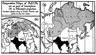 Comparative Maps of ASIA (a) as part of hemisphere (b) on
Mercator’s projection to show relative sizes of Asiatic Russia and India
in the two cases.