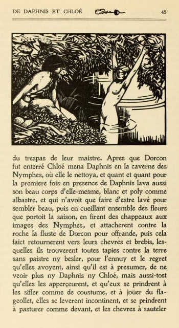 PAGE FROM “DAPHNIS ET CHLOÉ.” PRINTED IN “JENSON” TYPE
BY L. PICHON, PARIS, WITH WOODCUT BY CARLÈGLE (weak in
original)