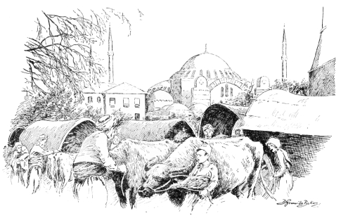The Mosque of St. Sophia

Refugees from Thrace, seeking shelter in the courtyard of the Mosque of
Achmet. In the background the Mosque of St. Sophia.