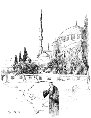 The Mosque of Suleiman

Built by this Sultan to commemorate his many victories. Flights of white
pigeons hover round this shrine, and pious Moslems seldom pass by
without buying some food for them from hawkers who have pitched their
business here.