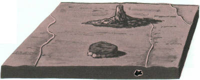 d. Continued erosion removes all traces of the cone and the land is worn down to a surface of low relief. All that remains is a projecting plug or &ldquo;volcanic neck,&rdquo; a small lava-capped mesa, and vestiges of the once lofty volcano and its surrounding lava plateau.