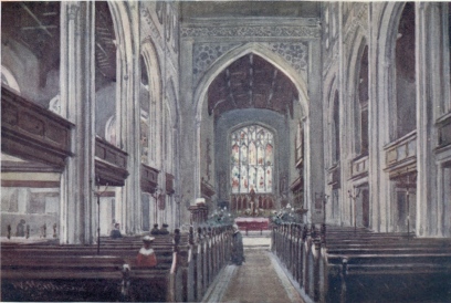 UNIVERSITY CHURCH OF GREAT ST. MARY

The original church dates back at least to the thirteenth century and
was partially rebuilt in 1351. The present edifice is Perpendicular
Gothic, and was begun in 1478 and not completely finished until 1608. It
is the largest Parish Church in Cambridge, and the University sermons
are preached in it.