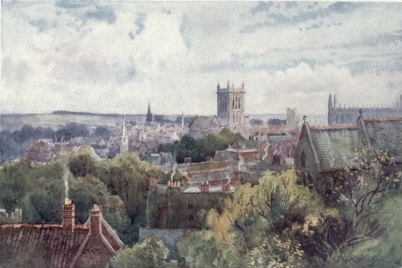 VIEW OF CAMBRIDGE FROM THE CASTLE HILL

The central object in the picture is the tower of St. John’s College
Chapel, with the tower of Great St. Mary’s a little to the right and
King’s College Chapel to the extreme right. In the middle distance on
the left is Jesus College and the Round Church, and nearer to us we look
down upon the roofs of Magdalene College. The building on the right in
foreground is St. Giles’ Church, the original foundation of which takes
us back nearly to the Conquest. In the extreme distance is the rising
ground known as the Gog-Magog Hills.