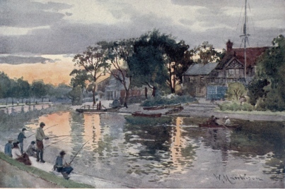 UNIVERSITY BOAT-HOUSES ON THE CAM&mdash;SUNSET

This view is taken near Stourbridge Common and the bend of the river
known as Barnwell Pool, looking towards the town.