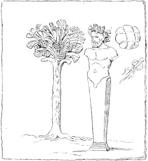 Fig. 12.&mdash;Sacred pine of Silvanus, with a bust of the god, and votive gifts represented by a bale of merchandise and a Mercury&rsquo;s staff.(B&ouml;tticher, Fig 18.)
