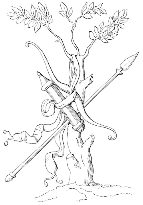 Fig. 22.&mdash;Sacred tree of Artemis, hung with weapons of the chase.(B&ouml;tticher, Fig. 9.)