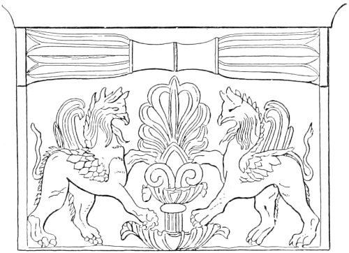 Fig. 5.&mdash;Sacred tree, much conventionalised.(From a capital of the Temple of Athena at Pryene. Goblet d&rsquo;Alviella.)