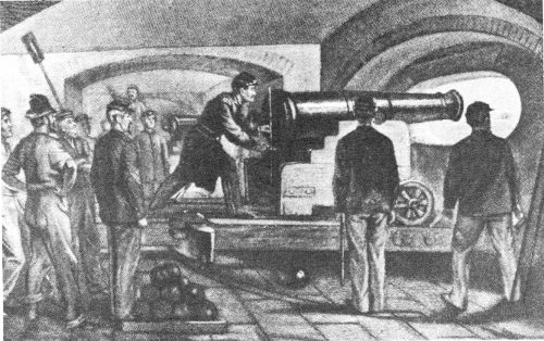 Preparing to fire the first shot from Fort Sumter, April 12, 1861. Contemporary artist&rsquo;s conception. Courtesy Charleston Library Society.