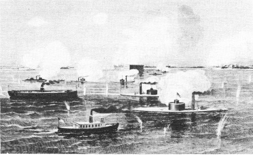 Contemporary artist&rsquo;s conception of Ironclad attack, April 7, 1863. The flagship New Ironsides is at left center. From Harper&rsquo;s Weekly, May 2, 1863.
