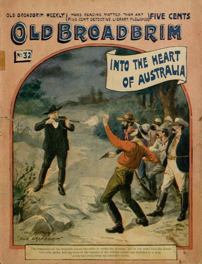 The ringleader of the brigands issued the order to riddle the prisoner, but at the same time the detective's
rifle spoke, and the form of the captain of the robbers reeled and tumbled in a heap
a few feet away from his intended victim.