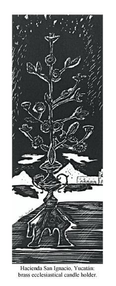 Hacienda San Ignacio, Yucat�n: brass ecclesiastical candle holder.