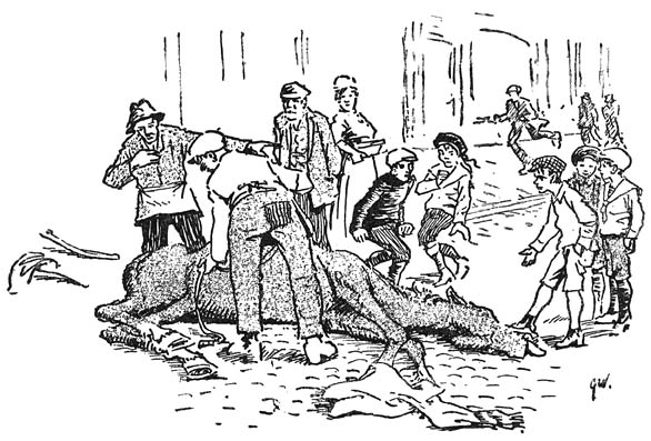 Op den hoek lag &rsquo;n paard bloedend.