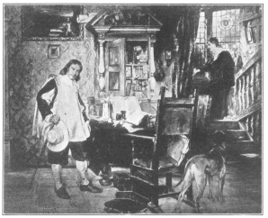 Oliver Cromwell visiting the poet Milton. Cromwell is
carrying the large hat affected by the Roundheads.

From the painting by David Neal