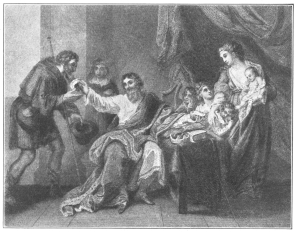 King Alfred divides his last loaf of bread with the poor
beggar.