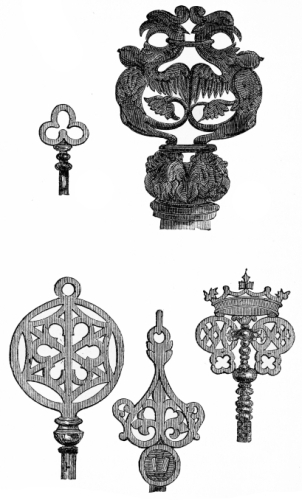 SPECIMENS OF ORNAMENTAL KEY HANDLES, REPRODUCED, BY
PERMISSION, FROM ‘THE BUILDER.’