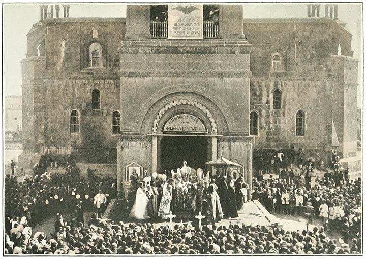 Fig. 53. Edgmiatsin: Ceremony of the Consecration of the Katholikos&mdash;Anointing with Oil from the Beak of a Golden Dove.