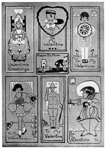 Plate 15

A Page of interesting Valentine designs. The use of a light and dark
color against a medium toned paper is a sure way of obtaining quick and
effective results. Variations, without figures, can be made by the
younger artists.