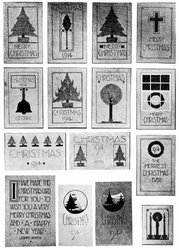 Plate 3

Nothing pleases the receiver so much as a hand finished card from some
good friend. Above are some simple designs that any artist could
produce. These originals were made by children.