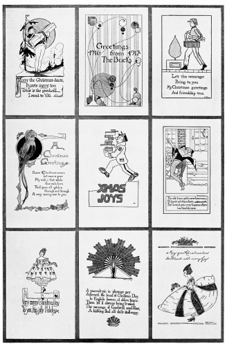 Plate 8

A Page of Christmas Cards in which a semi-humorous element has been
incorporated. Cards like these often create a pleasant variation from
the more formal ones. These were designed by high school students.