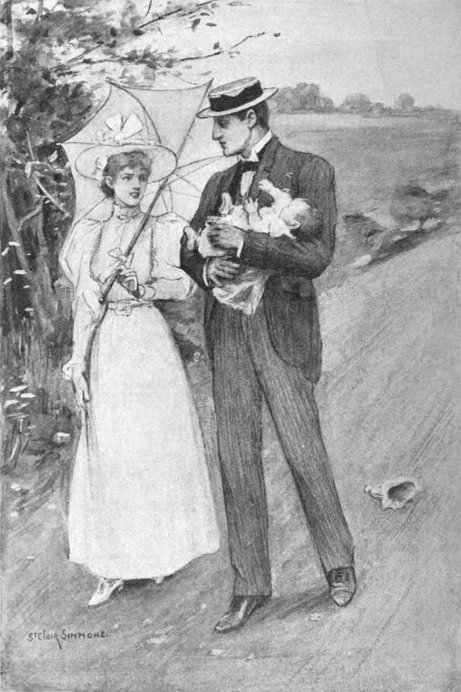 [Frontispiece: Dot and Larrie, holding the baby, walk down a road arguing.
  Dot is dressed in white and carrying a white parasol, while Larrie is dressed in a dark suit and boater.
  The baby's bonnet has fallen on the road.

  Illustration is signed St Clair Simmons.]