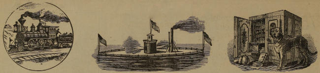 Three pictures: a steam-engine; a fortified
tower of some sort; a dog by a cupboard.