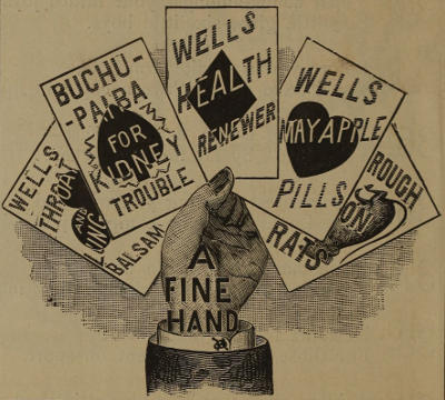 Hand holding playing cards
marked WELLS THROAT AND LUNG BALSAM, BUCHU-PAIBA FOR KIDNEY TROUBLE, WELLS
HEALTH RENEWER, WELLS MAY APPLE PILLS, ROUGH ON RATS. Advert text: A FINE HAND.