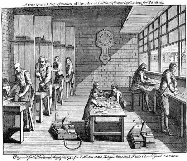 _A_ true & exact _Repreſentation_ of the _Art_ of
 _Caſting_ & _Preparing_ Letters _for_ Printing.

 _Engrav’d for the Universal Magazine 1750 for I. Hinton at
 the Kings Arms in S^t. Pauls Church Yard LONDON._